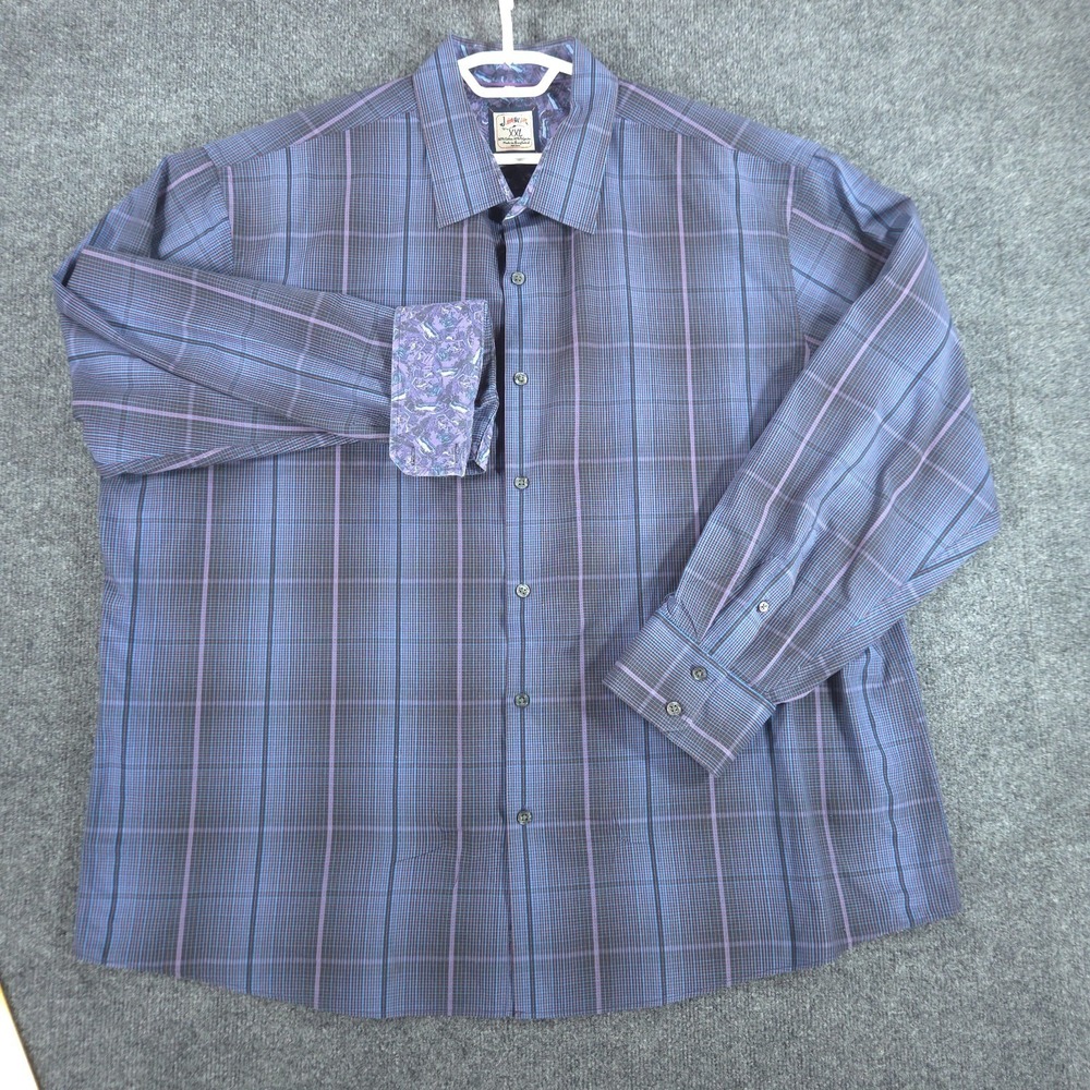 J Garcia Men's XXL 2XL Blue Purple Plaid Button Down Flip Cuff Long Sleeve Shirt